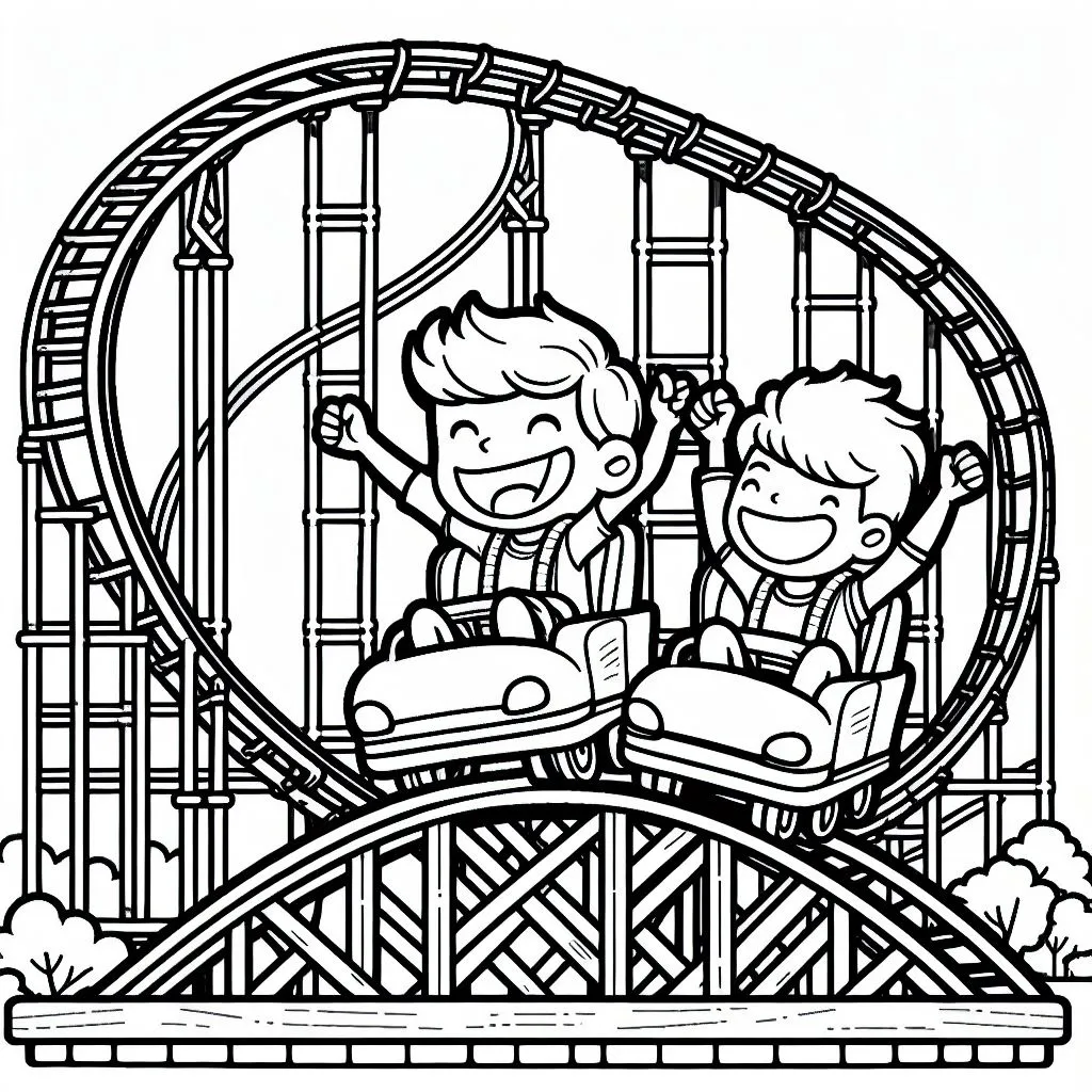 Two Boys in Rollercoaster Car 👦👦🎢 Coloring Page