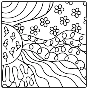 Abstract Nature Scene with Flowers and Wavy Patterns 🌸🌞🌊🎨✨