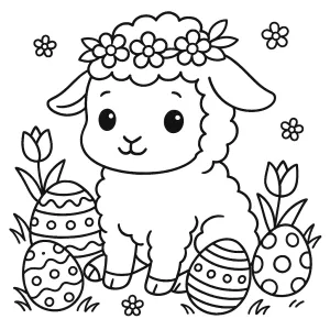 Adorable Springtime Lamb with Floral Crown Surrounded by Easter Eggs and Tulips 🐑🌸🥚🌷🎨