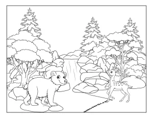 Bear and Deer on Opposite Riverbanks with Waterfall 🐻🦌🌲