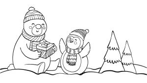 Bear Giving Christmas Present to Penguin in Snowy Landscape 🐻🎁🐧❄️🎄