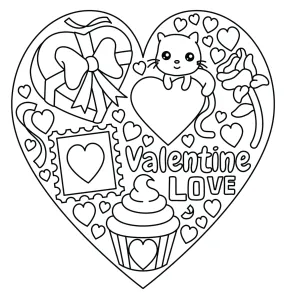 Big Heart with Cat, Rose, Cupcake, Gift Box, Stamp and Lots of Little Hearts 💖🐱🌹🎁🍰