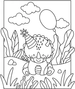 Birthday Centrosaurus Dinosaur Sitting with Party Hat and Balloon 🦖🎉🎈