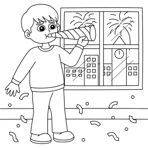 Boy Blowing Party Horn to Celebrate New Year, Fireworks Above City Outside the Window 🎉🕛🌆