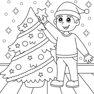 Boy in Santa Hat Places the Golden Star Atop a Beautifully Decorated Christmas Tree  ⭐🎄🎅