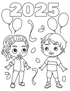 Boy and Girl Celebrating New Year Looking up at Text 2025 with Balloons and Streamers 🎊🎈✨