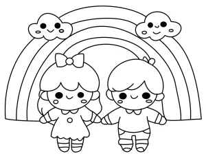 A Boy and a Girl Standing in Front of a Rainbow and Two Cute Fluffy Clouds 🌈👧👦☁️