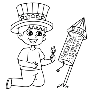 A smiling boy in a patriotic hat kneels down to light a large firework labeled “4th of July,” getting ready to celebrate Independence Day. 🎆🧨🇺🇸🧒🎇