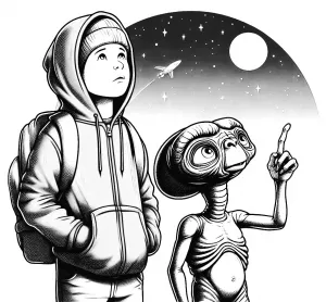 Boy Looking Up Standing Next to E.T. the Extra-Terrestrial Pointing at the Sky ππ¦π½