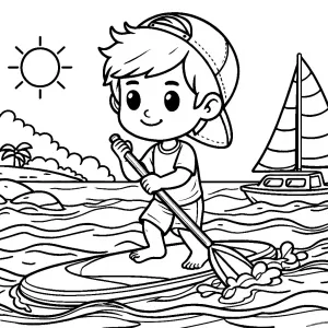 Boy with Hat Standing on Sup Paddling in Sea near Island with Boat and Sun 🏄‍♂️🌞