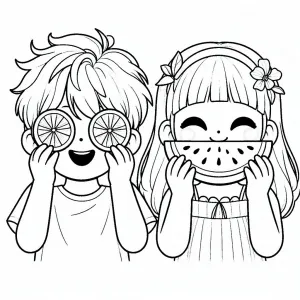 Boy Holding Orange Pieces in Front of Eyes, Girl Holding Watermelon in Front of Mouth 👦🍊👧🍉