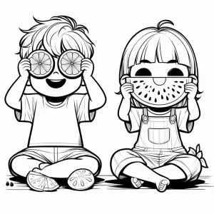 Boy Holding Orange Pieces in Front of Eyes, Girl Holding Banana in Front of Eyes 👦🍊👧🍌