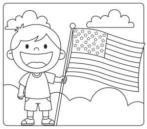Cartoon boy cheerfully holding an American flag with stars and stripes, proudly celebrating Independence Day. A heartwarming image of patriotism and joy. 🇺🇸🧒🎇✨