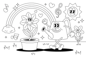 Cartoon: Cheerful Flower and Walking Watering Can Dancing Under a Rainbow with the Sun and Music Notes in a Happy Garde 🌼🌈☀️🎶