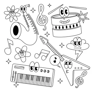 Cartoon Music Instruments: Guitar, Drum, Keyboard, Saxophone 🎸🥁🎷🎹🎶