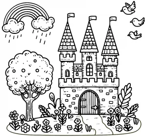Castle with Rainbow Tree Flowers and Birds 🏰🌈🌸