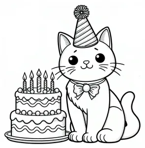 Cat with Party Hat Sitting next to Birthday Cake with 5 Candles (5 Years Anniversary) 🎂🎉🐱