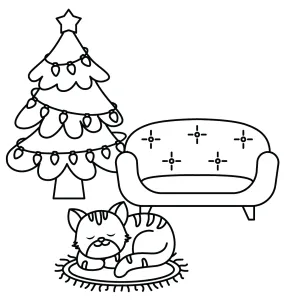 Cat Sleeping on Carpet in Living Room in front of Couch and Christmas Tree 🐱🎄💤