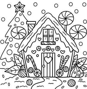 Christmas Gingerbread House with Spiral Lollipops and Hearts, Surrounded by Snow Falling in a Snowy Landscape 🏠🍭❄️