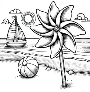 Colorful Pinwheel on Beach with Ball and Sailboat ⛵🌞