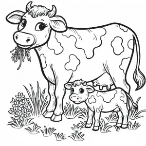 Mother with Baby Calf Eating Grass 🐄👶🌱