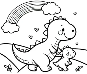 Cute Dino Baby Walking with Dino Dad in Landscape with Rainbow 🦕🌈💙