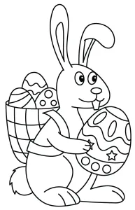 Cute Easter Bunny Holding a Big Decorated Easter Egg and Carrying a Basket Filled with Easter Eggs on the Back 🐰🥚🎨🌸🎉