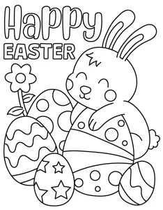 Cute Easter Bunny Hugging Decorated Eggs with Playful Happy Easter Text π°π₯πΈπ