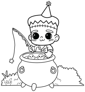 Cute Frankenstein Fishing for Spookies in a Soup Pot 🎣👻🍲