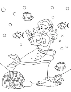 Cute Mermaid Reading a Book Sitting on a Chair Couch surrounded by Fish and Coral 📖🧜‍♀️