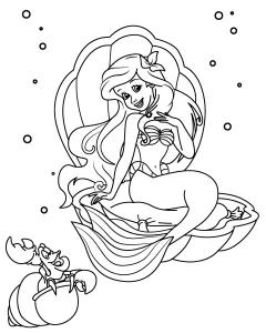 Cute Mermaid Sitting on Pillow inside Big Seashell next to Little Lobster Waving 🧜‍♀️🦞🌊