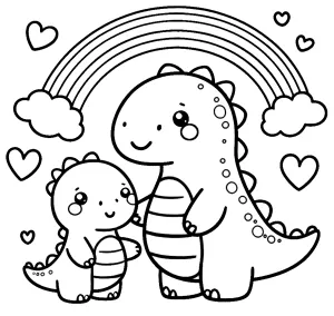 Cute Mom Dinosaur and Child with Rainbow Above and Hearts Around 🦖🌈❤️