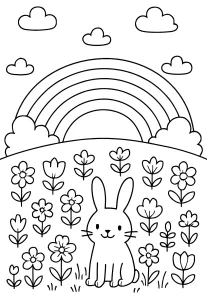 Cute Rabbit in Landscape with Flowers and Rainbow 🐰🌸🌈⛅️🌼
