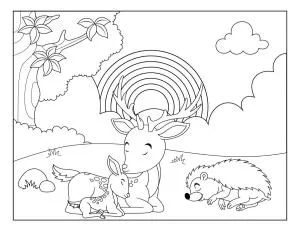 Deer Family and Hedgehog Resting Peacefully in a Rainbow Forest Scene 🌈🦌🍃🦔