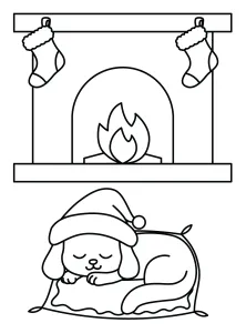 Dog with Santa Hat Sleeping in front of Fireplace with Christmas Stocking Hanging 🐶🎅🔥