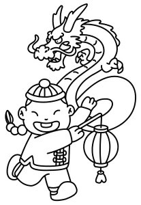 Dragon Dance with a Smiling Child in Traditional Costume for Chinese New Year Festival 🐲🧒🏮🎎