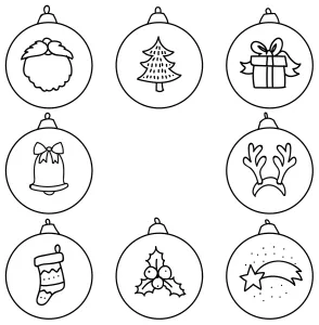 Eight Christmas Balls with Cute Decorations: Santas Beard, Christmas Tree, Gift, Antlers, Shooting Star, Holly, Sock, Bell 🎄🎅✨🔔