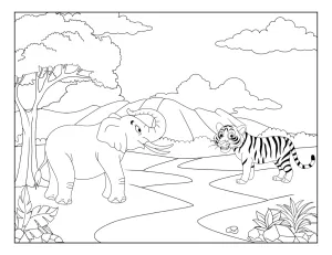 Elephant and Tiger Together in a Lush Green Valley with a Winding River in Between Them, Mountains, and Cloudy Sky ππ
ποΈβ°οΈ