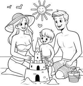 Family Building Sandcastle on the Beach: Mother Father and Son ποΈπ°π¨βπ©βπ¦