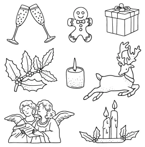 Festive Cheer: Champagne Glasses, Gingerbread Man, Gift Box, Holly, Candle, Deer Jumping, Angels Chanting, and Two Candles 🍾🎁🍪🕯️🦌👼🎄