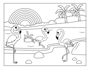 Flamingos by a Lake with Rainbow and Palm Trees in a Tropical Landscape 🦩🌈🌴🌊