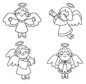 Four Christmas Angel Girls: One Spreading Arms, One Playing Trumpet, One Holding a Star and One Praying 👼🎺⭐🙏