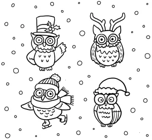 Four Funny Christmas Owls: with High Hat Waving, with Antlers, with Scarf and Hat Iceskating, with Santa