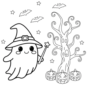 Friendly Ghost Witch with Spooky Tree and Pumpkins 👻🎃🌳