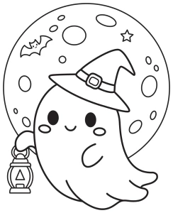Friendly Ghost with Lantern and Hat Flying by the Moon 👻🌙💡