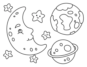 Friendly Space Scene with Moon, Earth, and Planet 🌍🌙✨