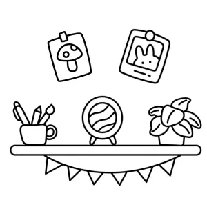 Shelf with Pencils Mirror Plant and Bunting Triangular Flags with Polaroid and Drawing on Top 📚✏️🌿