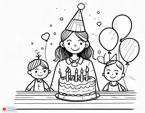 Girl with Birthday Pie with 5 Candles together with 2 boys and balloons 👧🎂🕯️