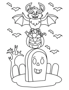 Halloween Bat Flying with Pumpkin Bucket with Candy above a Graveyard 🦇🎃🍬