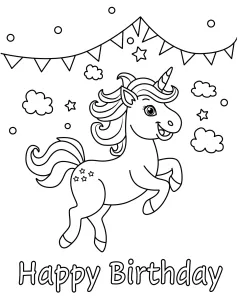Happy Birthday Unicorn Jumping with Pennant Banners, Clouds and Stars 🌈🦄✨🎉